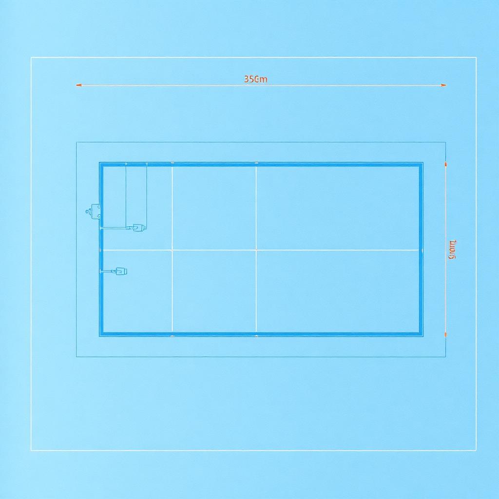 Pool blueprint drawing with dimensions and equipment layout