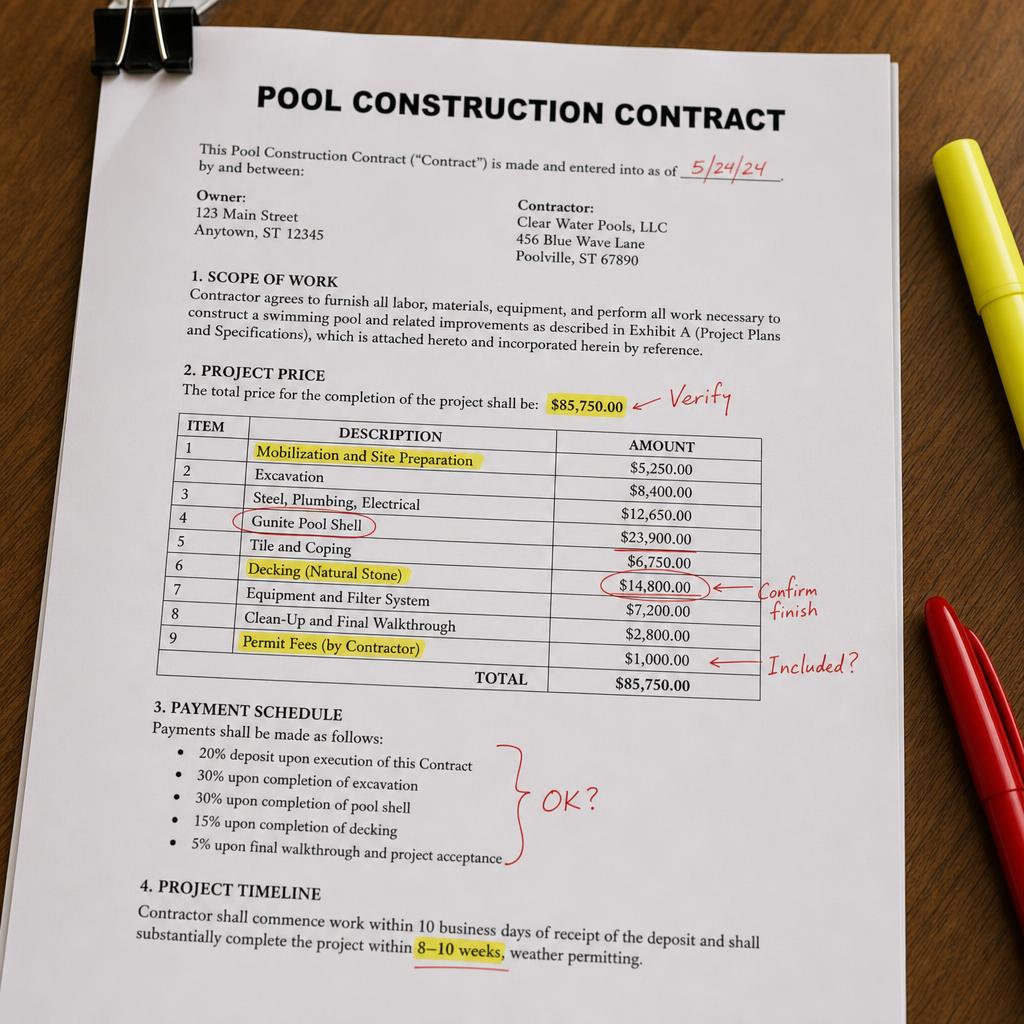 Marked-up pool contract with highlighter and red pen notes