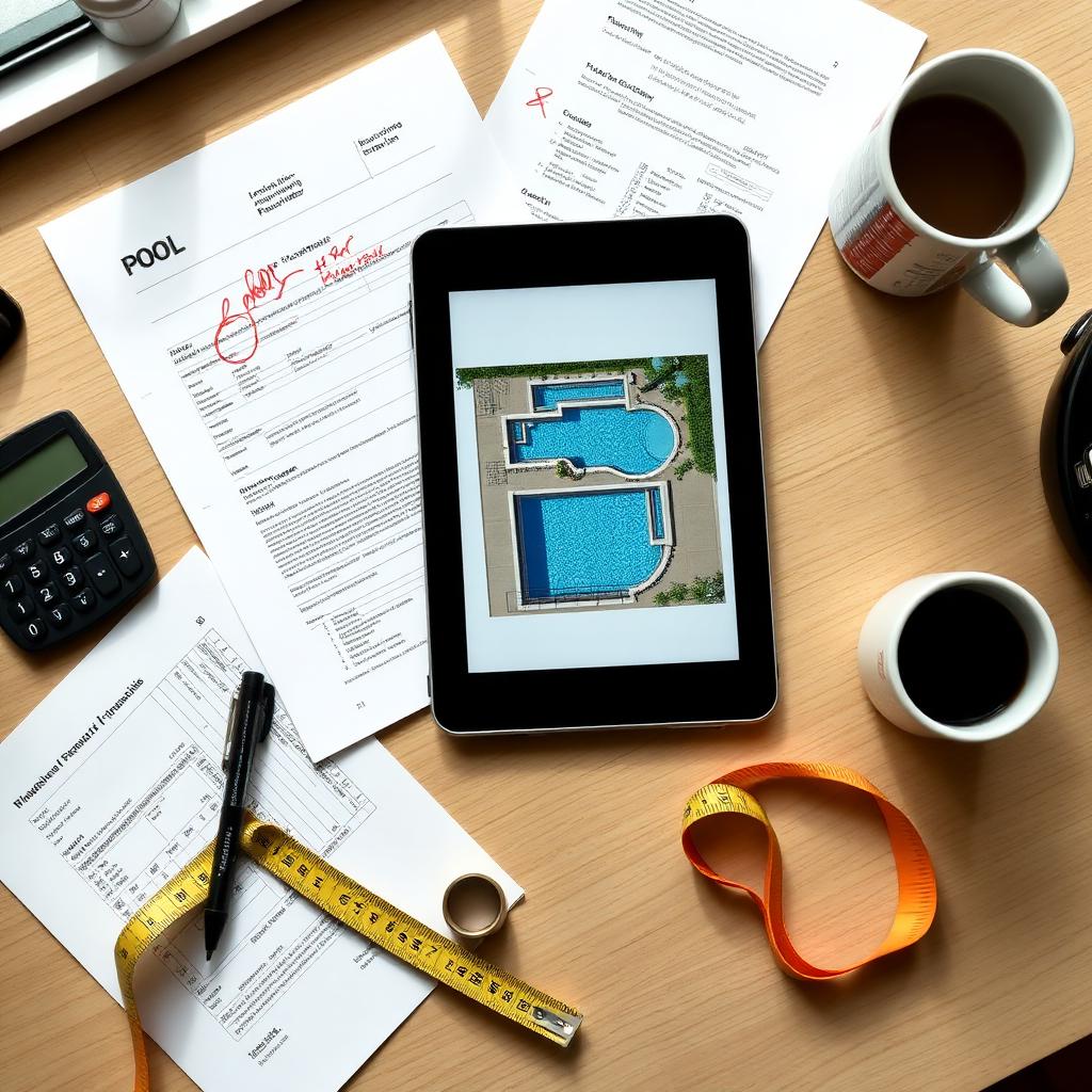 Retired contractor's desk with a pool proposal, tablet showing a pool design, calculator and measuring tape